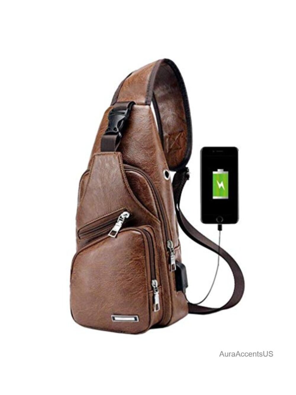 PU Leather Sling Bag Crossbody Backpack USB Charging Travel Daypack